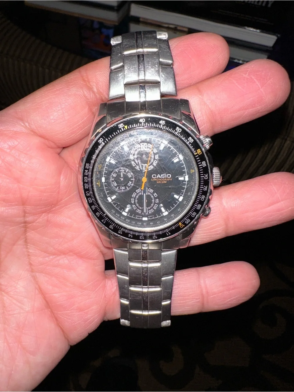 Casio MTP-4500 Chronograph WR 50M Watch Silver Black Slide Rule Bezel NEW BATT